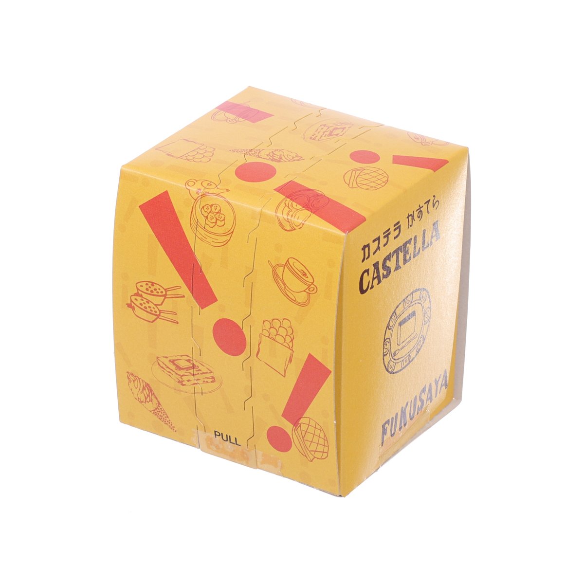 FUKUSAYA Castella cube package, yellow box with red icons and CASTELLA lettering