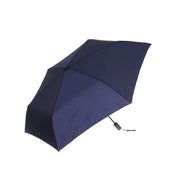 Navy folding umbrella with fabric canopy and wrist strap, black handle