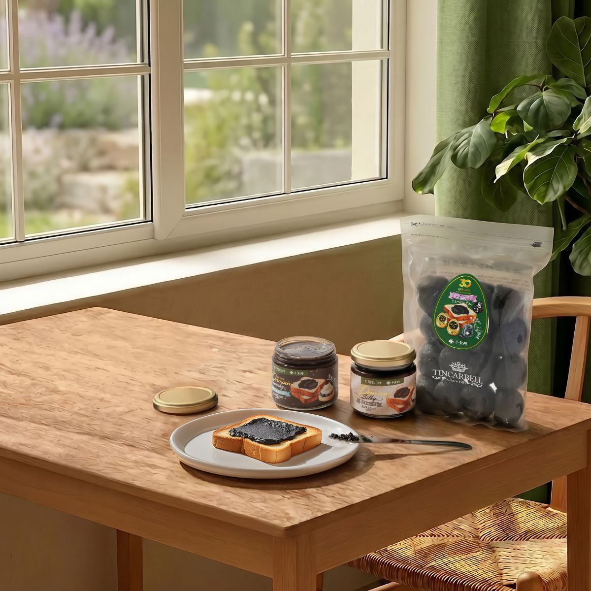 Black sesame paste jar on wooden table, with lid and label visible.