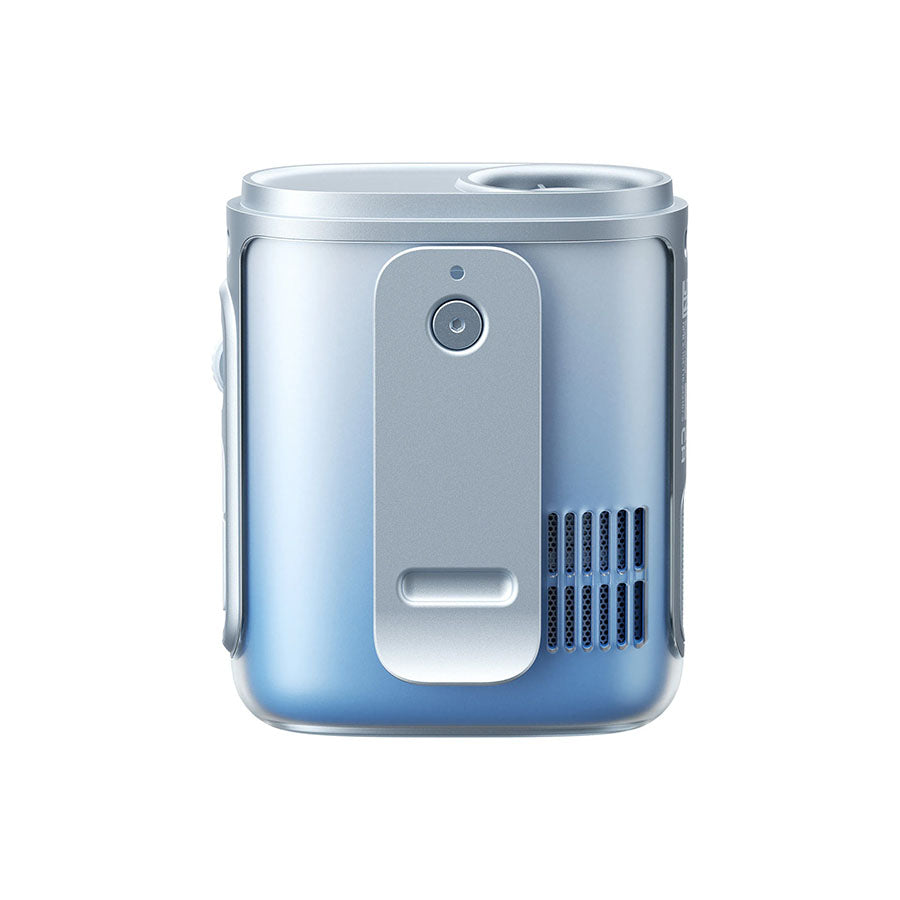 Blue neck fan back with control button and air vent grille