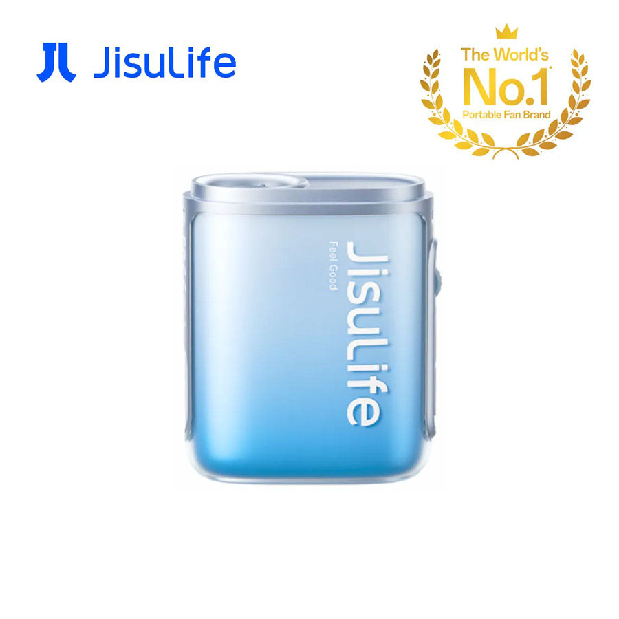 Blue neck fan canister with side strap loop and vertical logo text