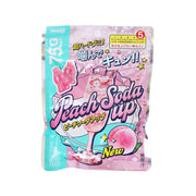 meiji Peach Soda Up hard gummy pouch, pink front with soda cup graphic