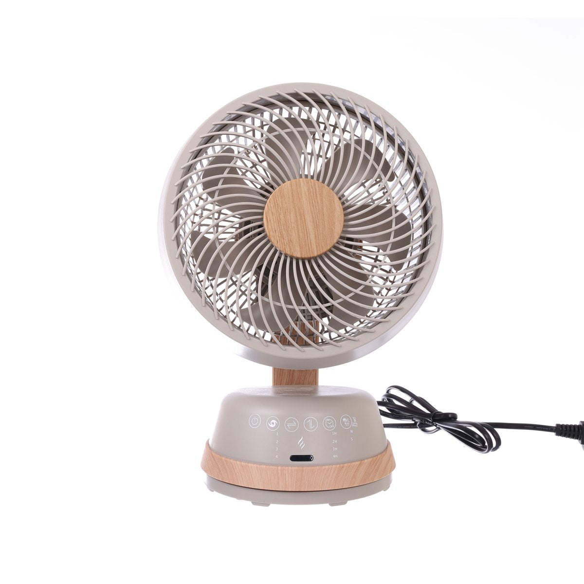 ORIGO 3D convection aroma fan with metal grille, gray base, and wood accents