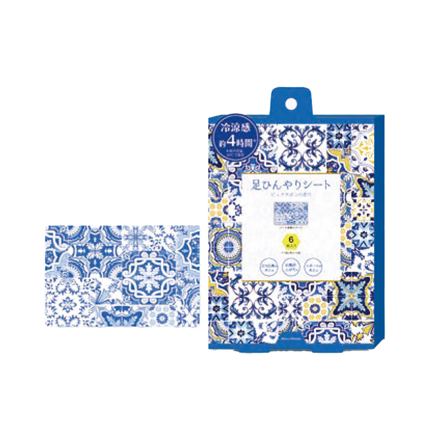 Cool feet sheet pack with blue patterned sachet and box-style pouch