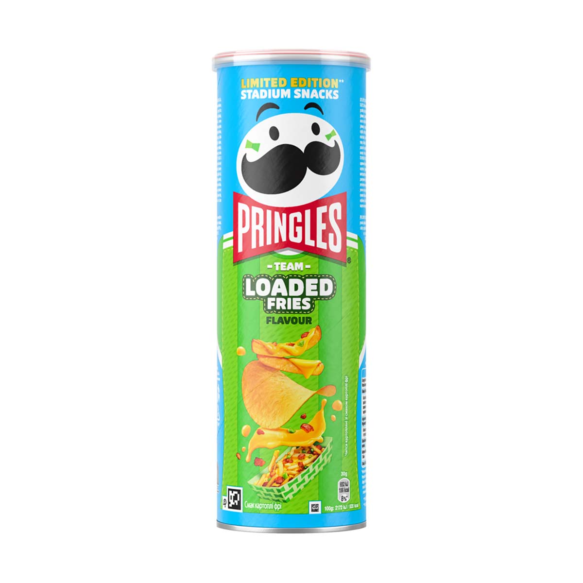 Pringles Loaded Fries flavour snack chips tube can, blue and green limited edition FIFA design