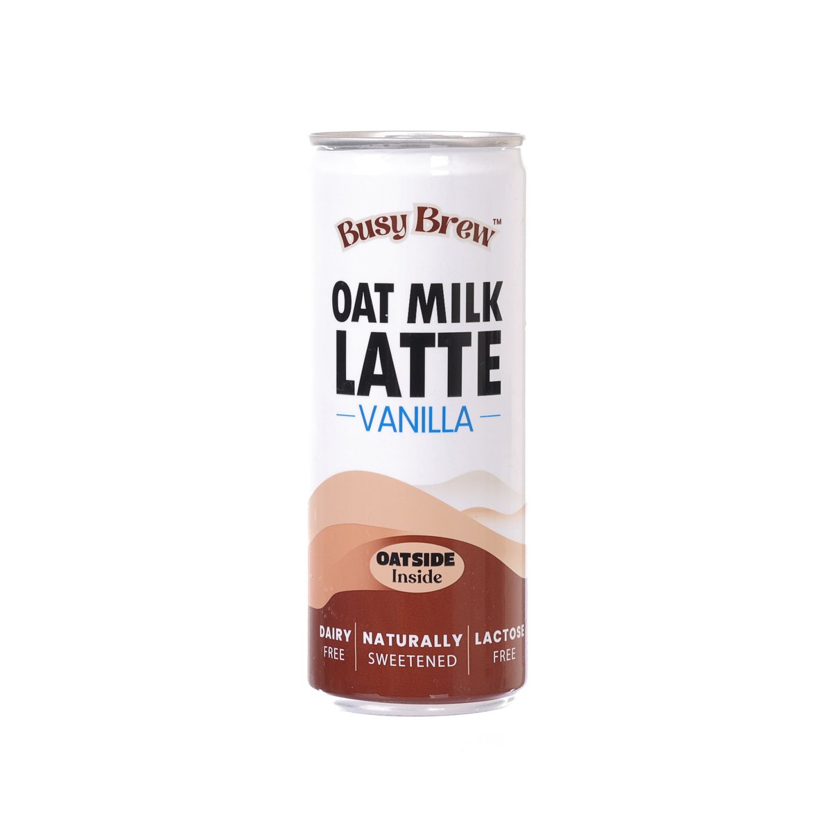BUSY BREW oat milk latte vanilla can, front label with brand and flavor