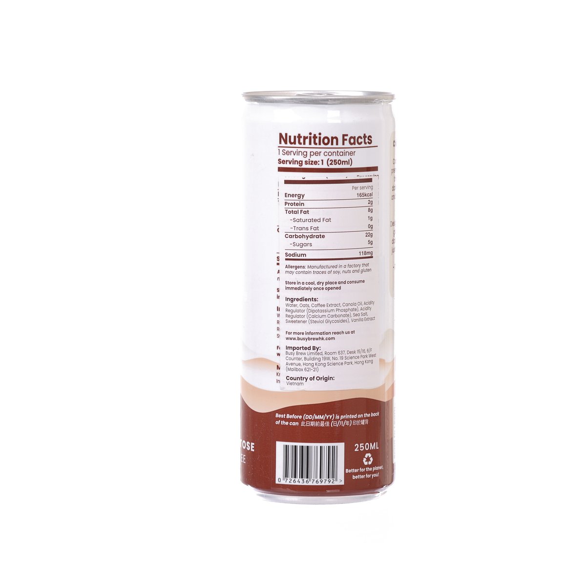 BUSY BREW oat milk latte vanilla can, back nutrition and barcode label