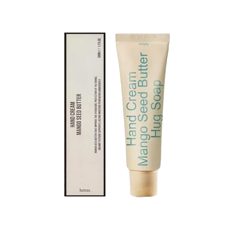 HETRAS mango seed butter hand cream tube, beige tube with printed label