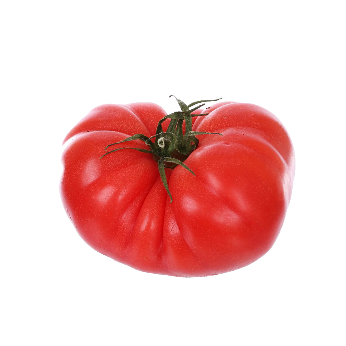 Red rose-shaped tomato with green stem end