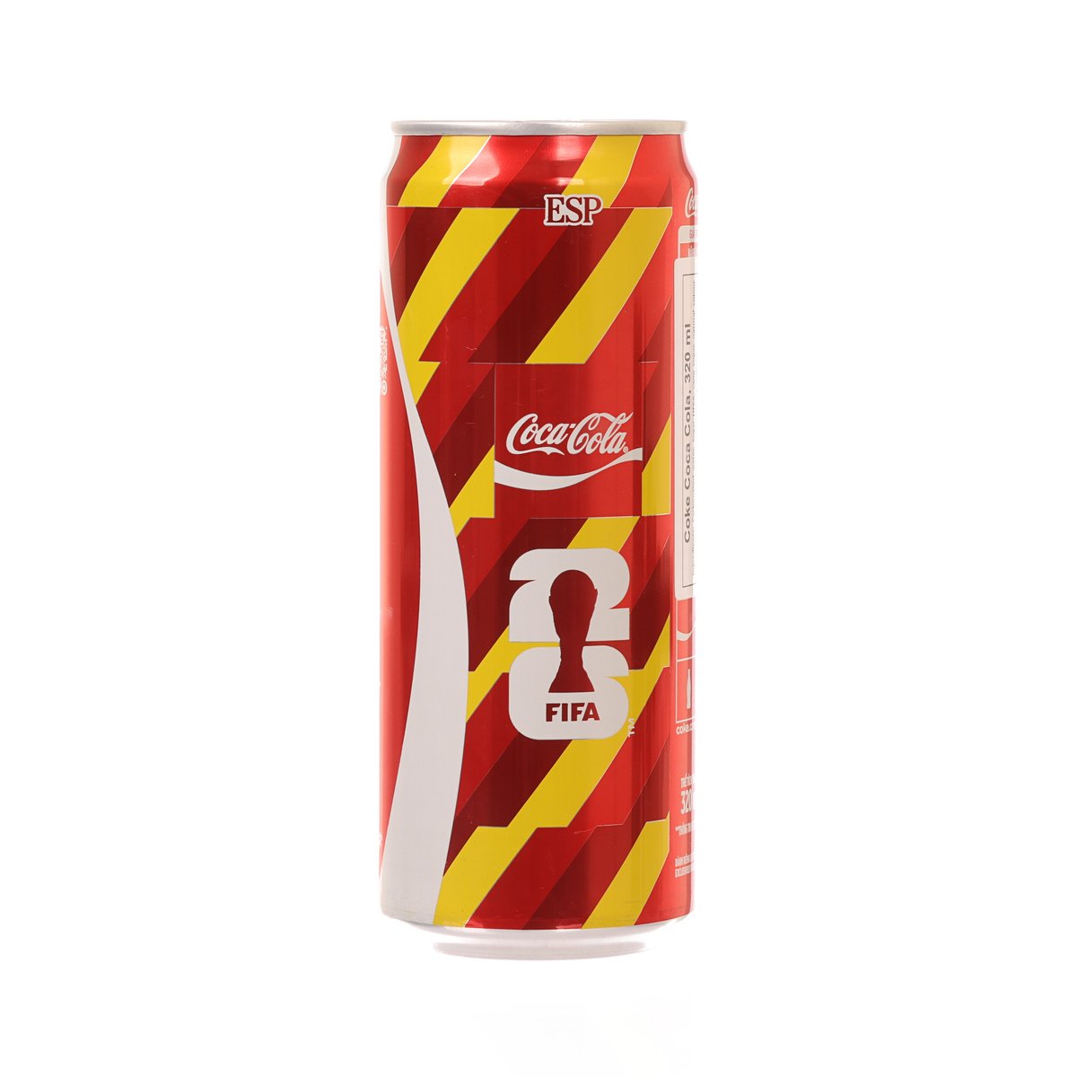 Coca-Cola 320 mL can with red-and-yellow FIFA World Cup design, front view