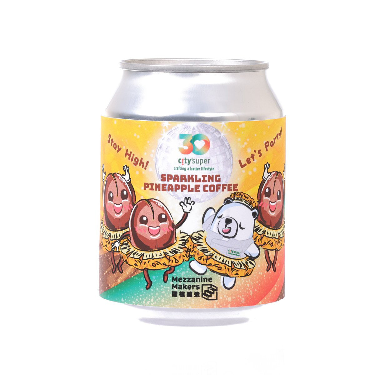 Sparkling pineapple coffee can with colorful cartoon label and silver top, 250 mL