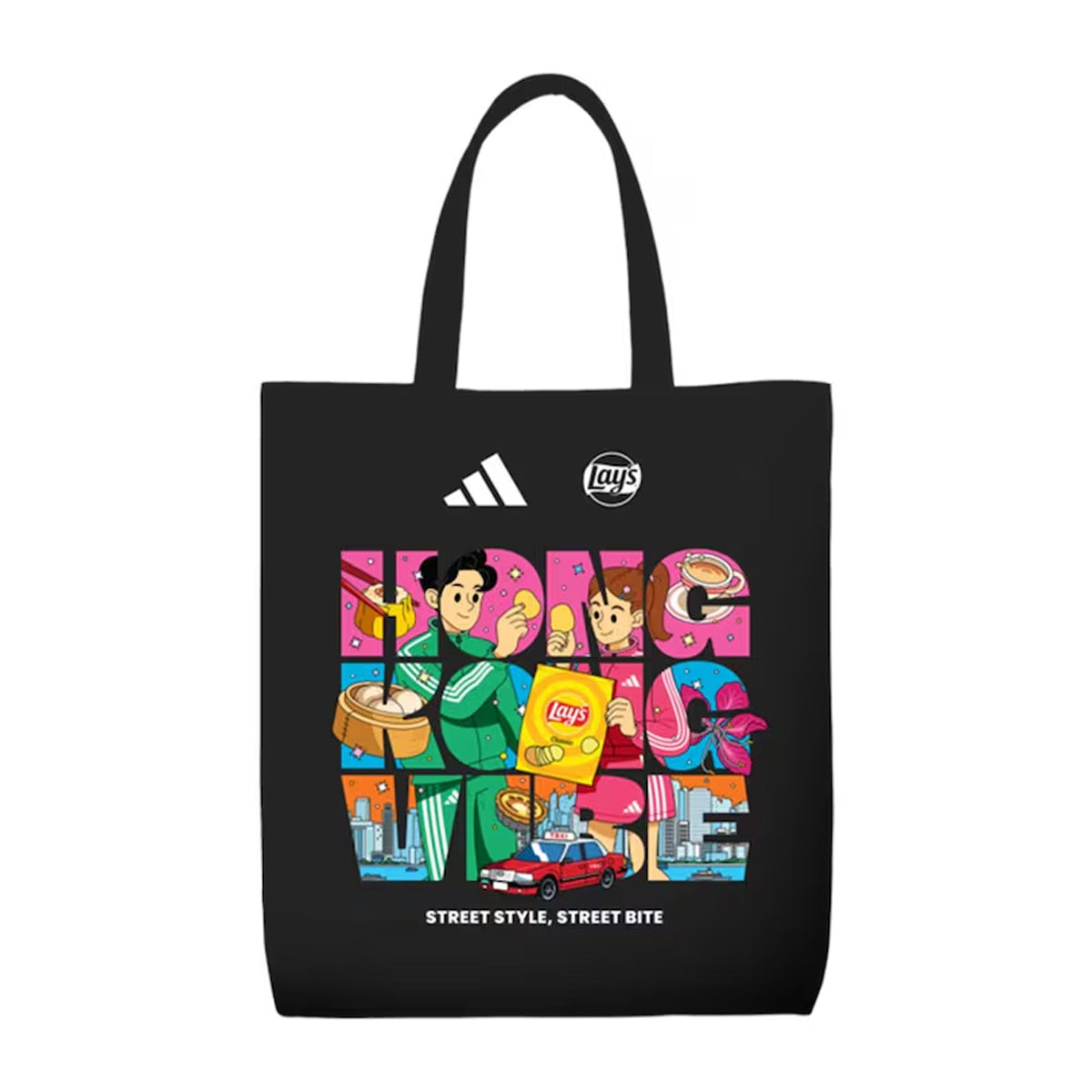 Lay's x adidas black tote bag with colorful street-style graphic print