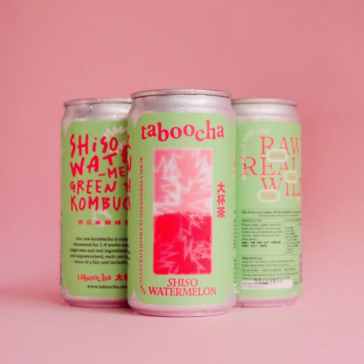 TABOOCHA kombucha cans, Shiso Watermelon green tea, three pack, aluminum