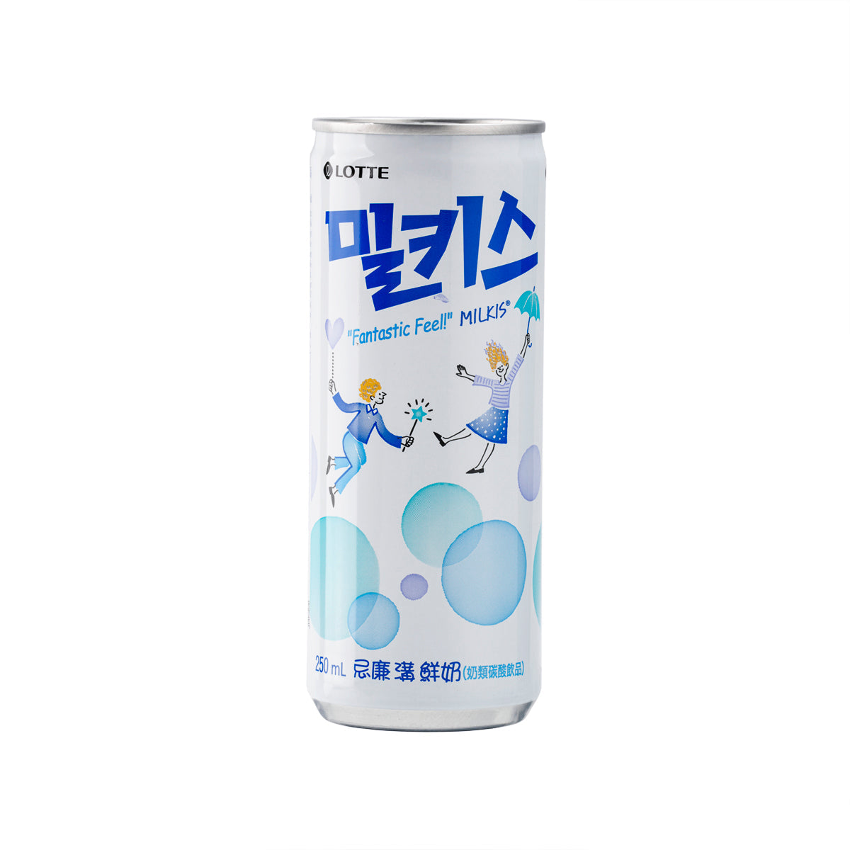 LOTTE milk carbonated soft drink can, silver top, blue graphic front, 250 mL