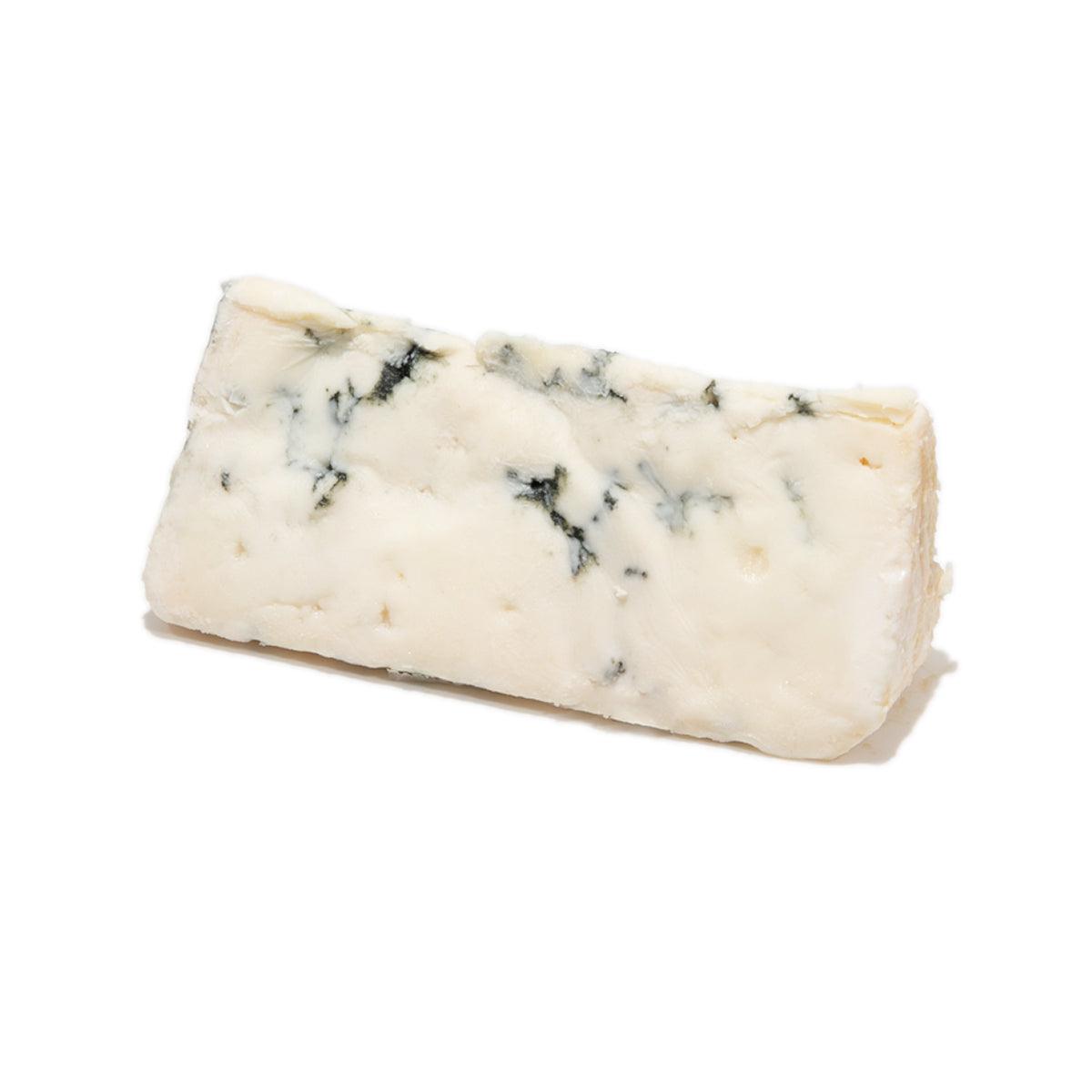 Blue-veined cheese wedge, pale cream with dark blue marbling