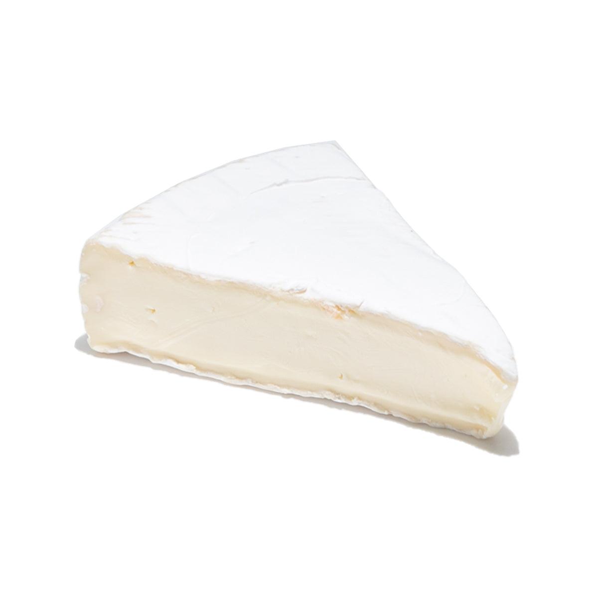 Brie cheese wedge with white rind and pale creamy interior
