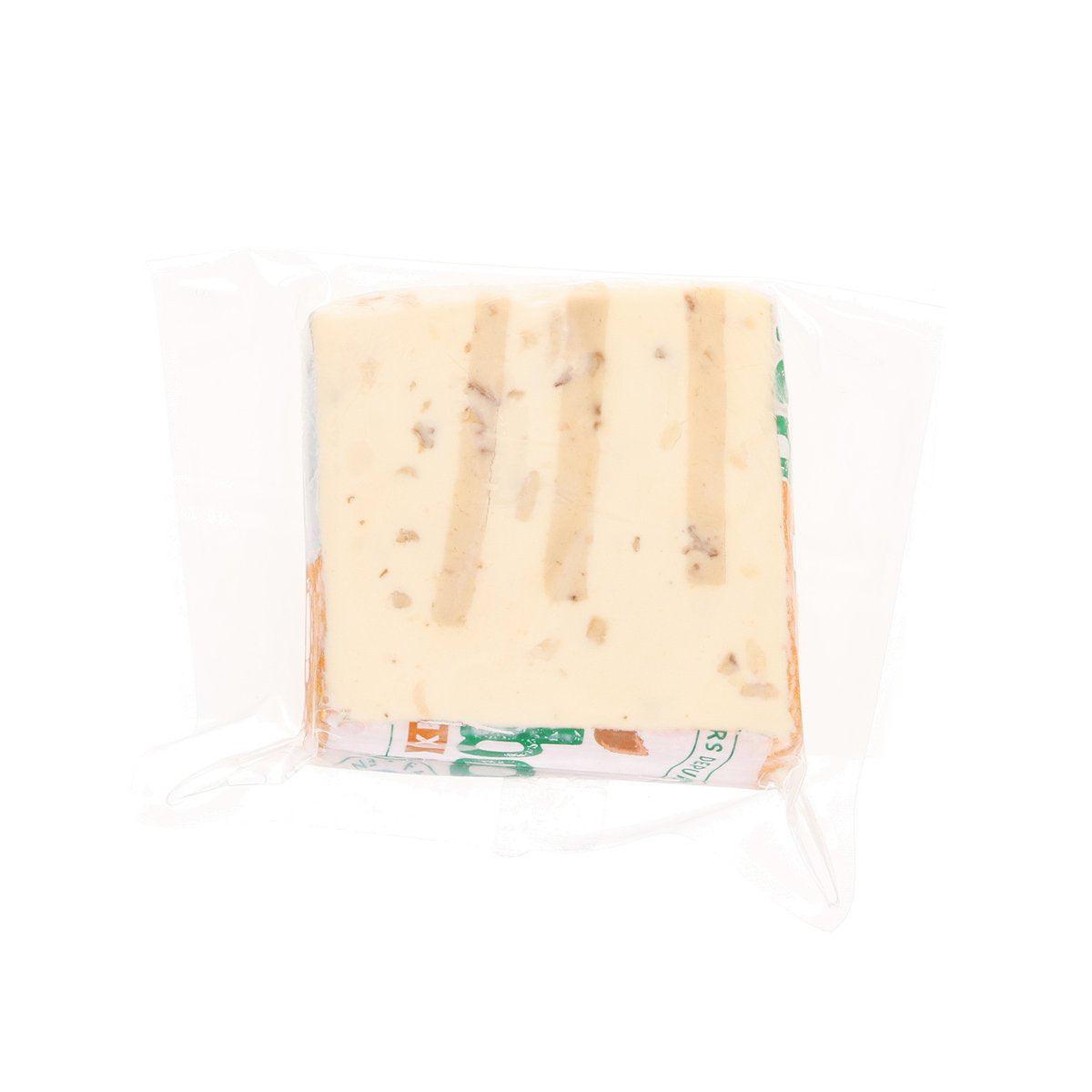 RAMBOL processed cheese loaf, pale cream with visible walnut pieces in a clear pack