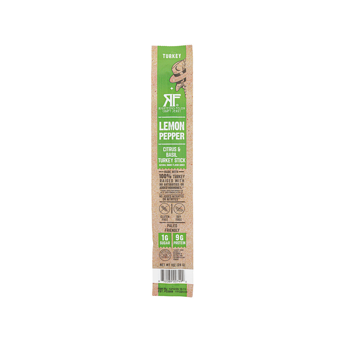 Righteous Felon turkey stick package, lemon pepper citrus & basil flavor, 28g