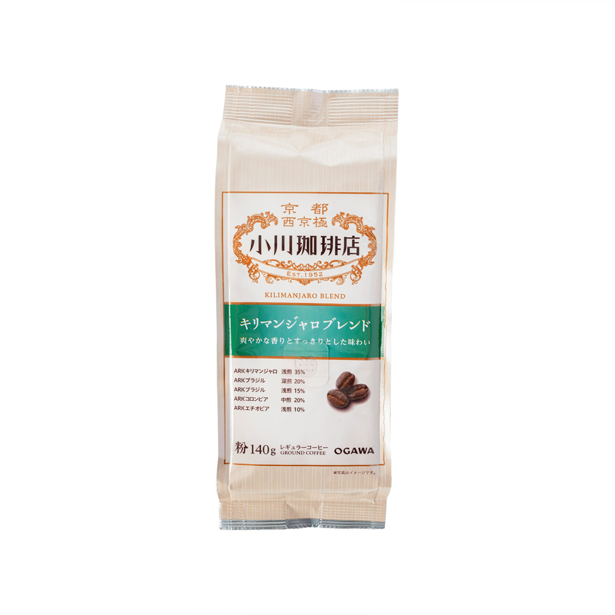 Ground coffee blend pouch, 140 g, front label with illustrated coffee and logo