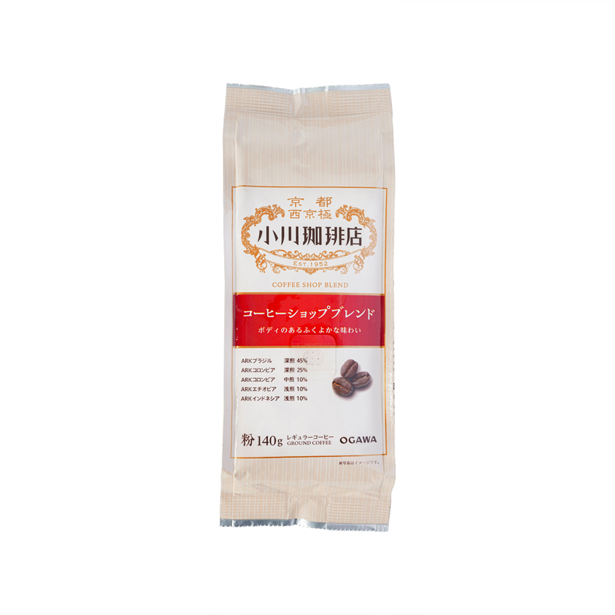 Ground coffee 140g bag, OGAWA Coffee Shop Blend with front label