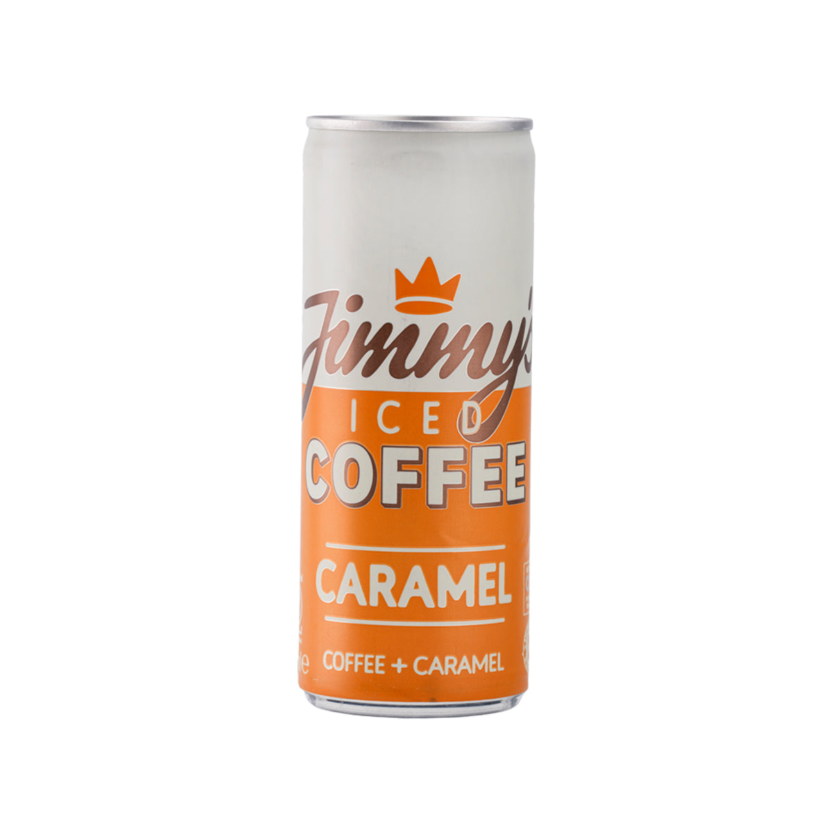 JIMMY'S caramel iced coffee can with orange front label