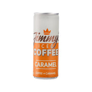 JIMMY'S caramel iced coffee can with orange front label