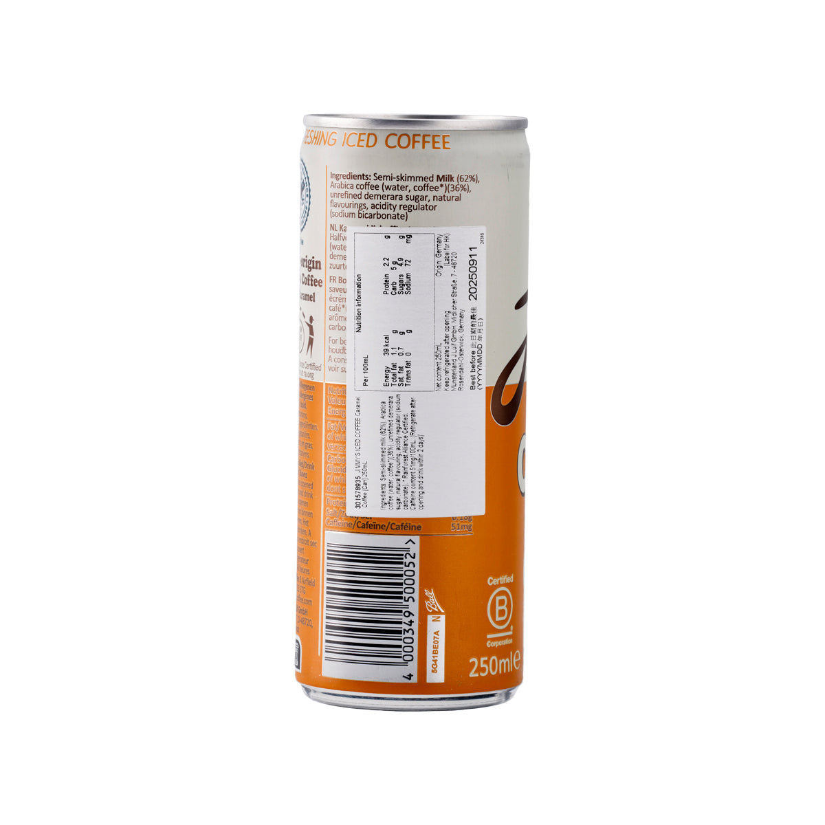 JIMMY'S caramel iced coffee can with barcode and nutrition panel on back