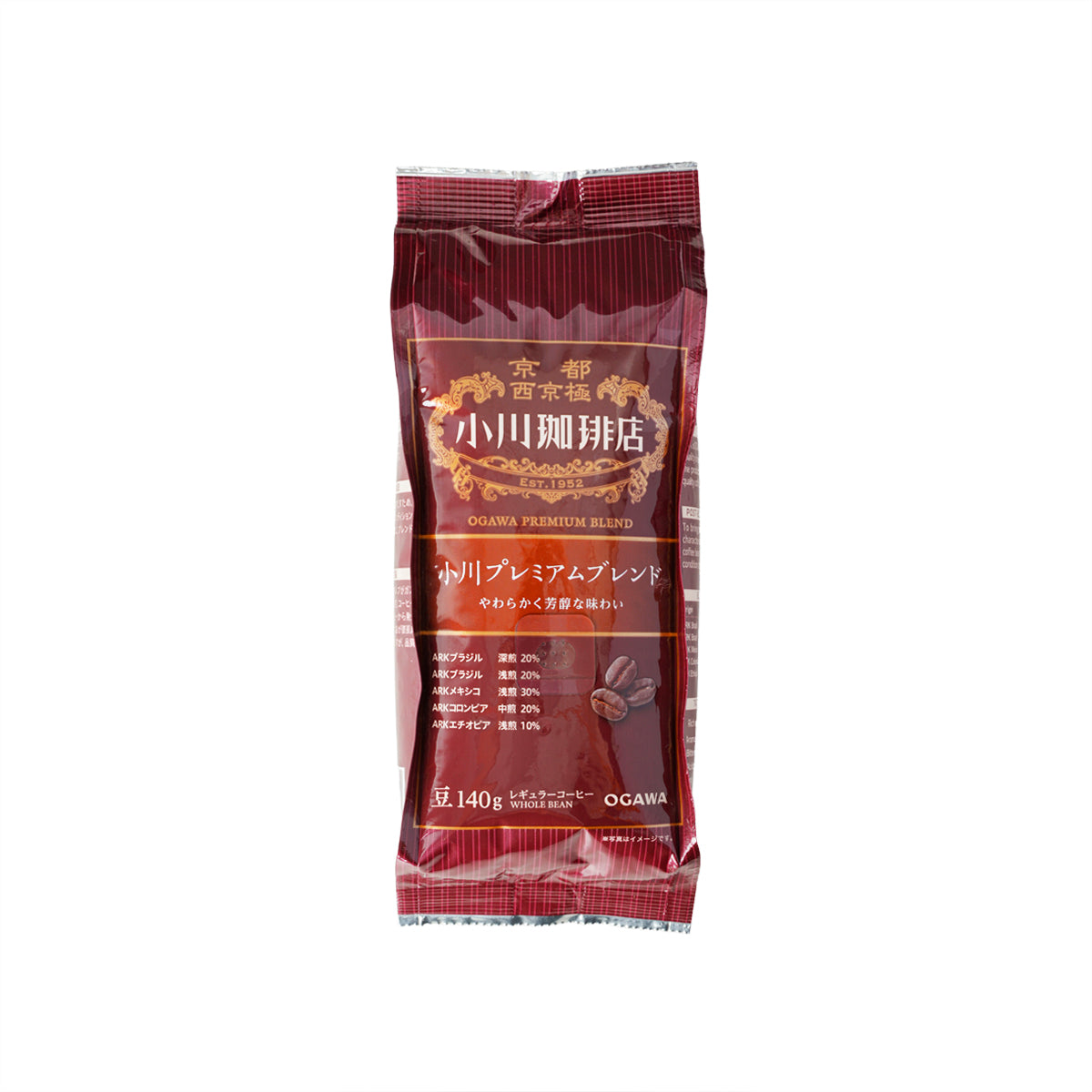 OGAWA Premium Blend coffee bean bag, 140 g, front label and logo