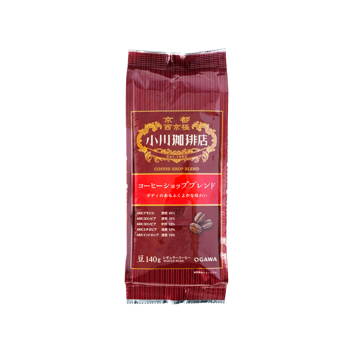 OGAWA coffee shop blend coffee bean bag, burgundy front label
