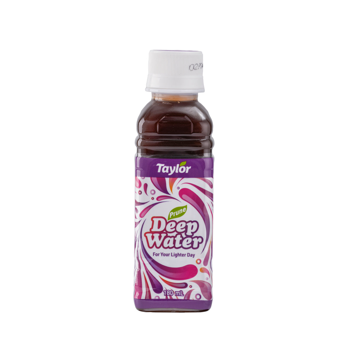 Prune drink bottle, purple/white label, 180 mL, TAYLOR Deep Water
