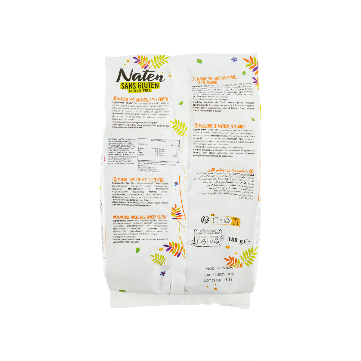 NATEN gluten-free almond madeleines, 180 g back label with nutrition