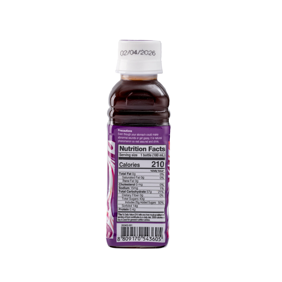 Prune drink bottle back label with Nutrition Facts and barcode, 180 mL