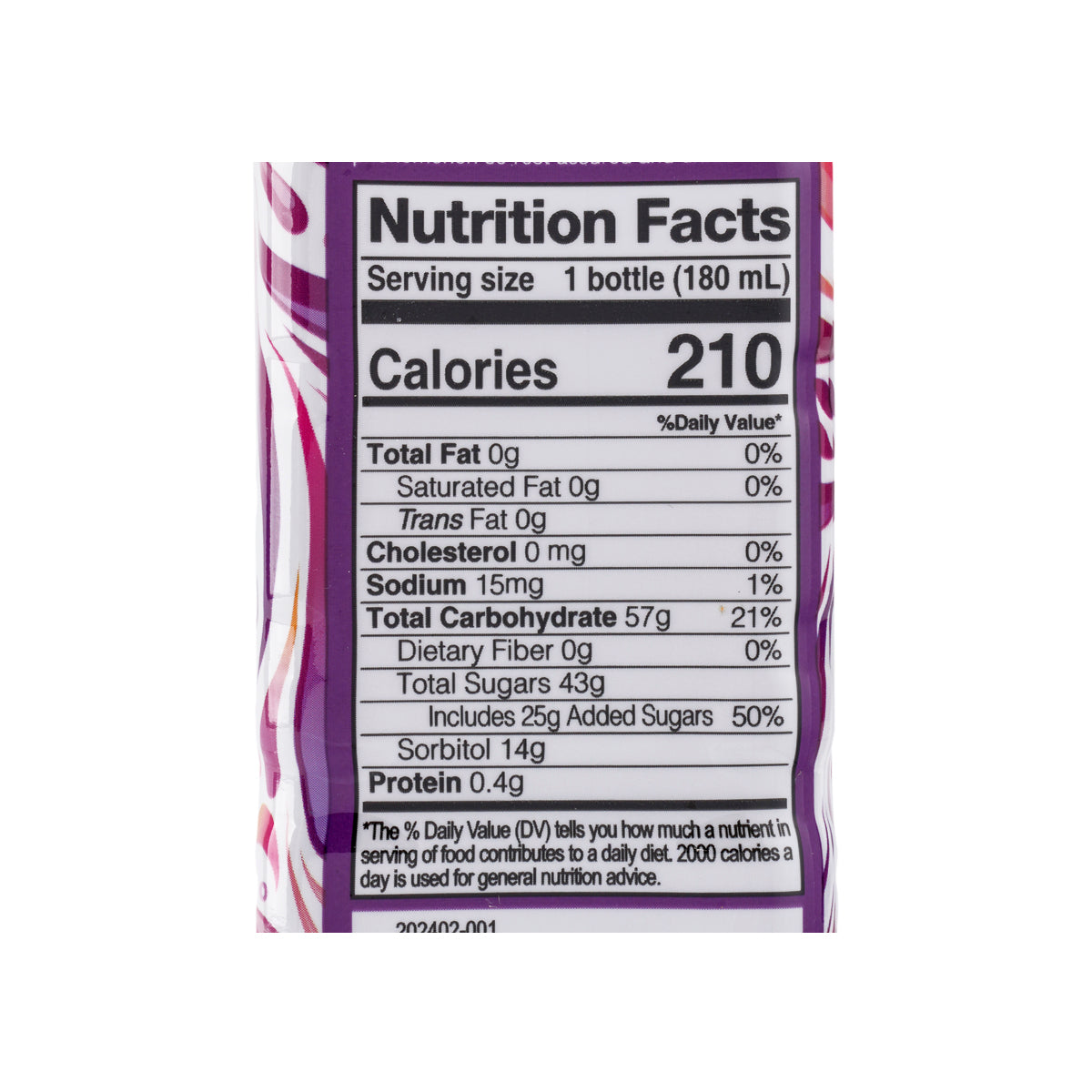 Nutrition Facts label close-up on prune drink, serving size 1 bottle (180 mL)