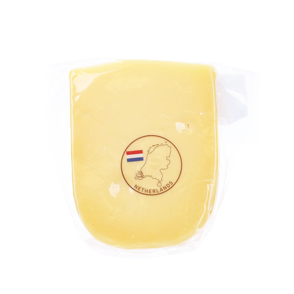 Mild gouda cheese wedge in clear wrapper, Netherlands emblem on front