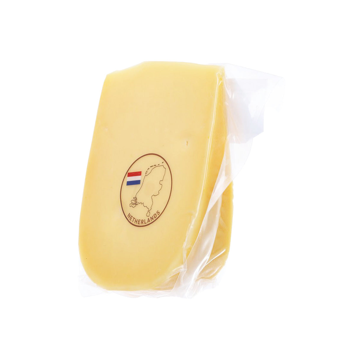 Mild gouda cheese portion in clear plastic wrap, Netherlands label visible
