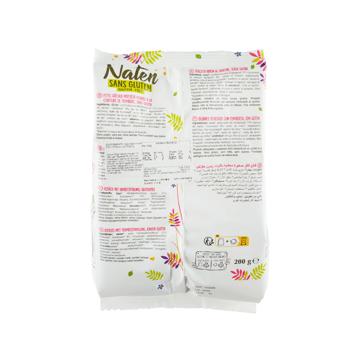 NATEN organic gluten-free mini muffins bag, back panel with product and ingredients info