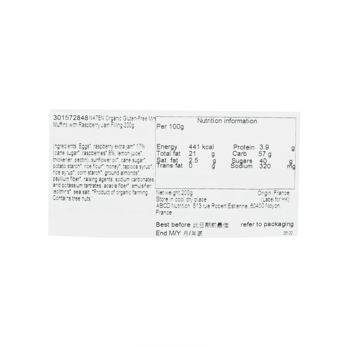 NATEN gluten-free mini muffins nutrition facts panel for 200 g