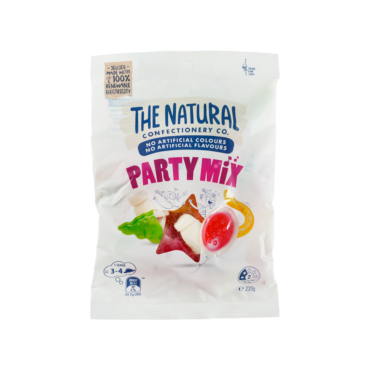 Party Mix jelly confectionery pouch, 220g, front label with fruit-shaped pieces