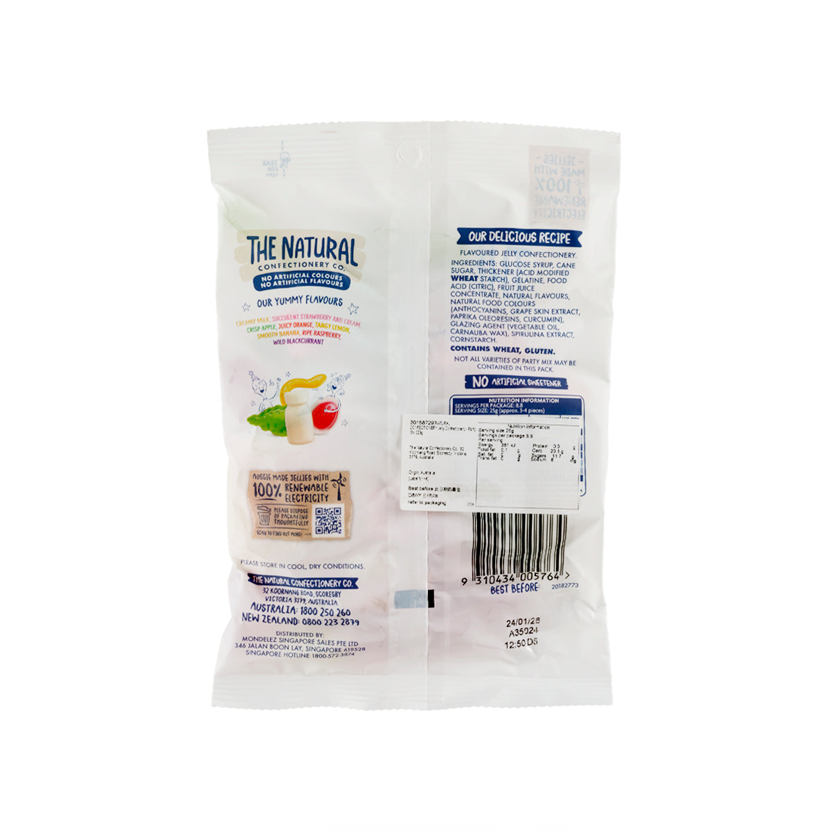 Party Mix jelly confectionery pouch, back label with ingredients and barcode
