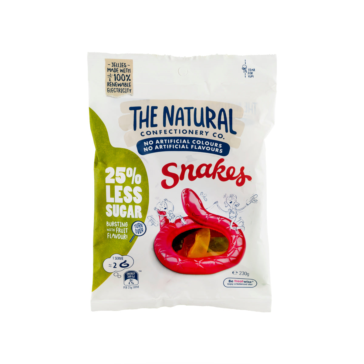 Less sugar jelly snakes pouch, red snake candies on front label, 230g