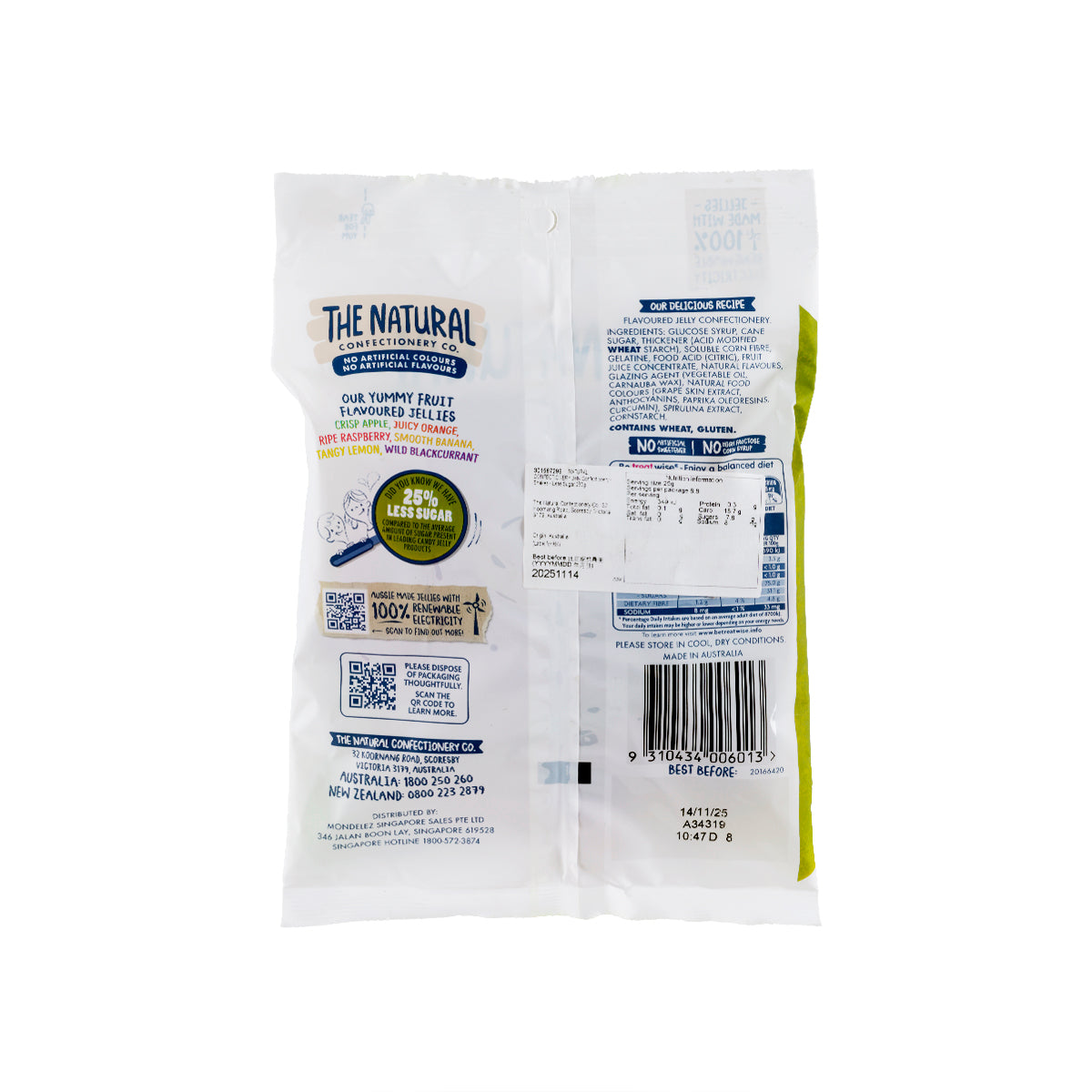 Less sugar jelly snakes pouch, back with ingredients and barcode label