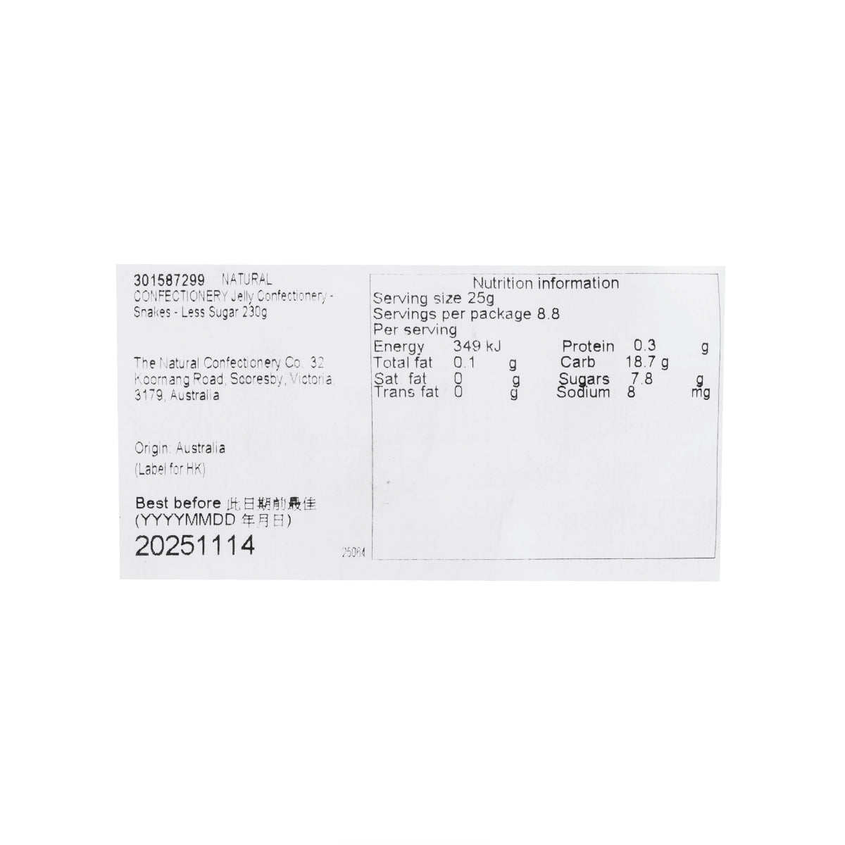 Less sugar jelly snakes nutrition facts panel, serving size and calories