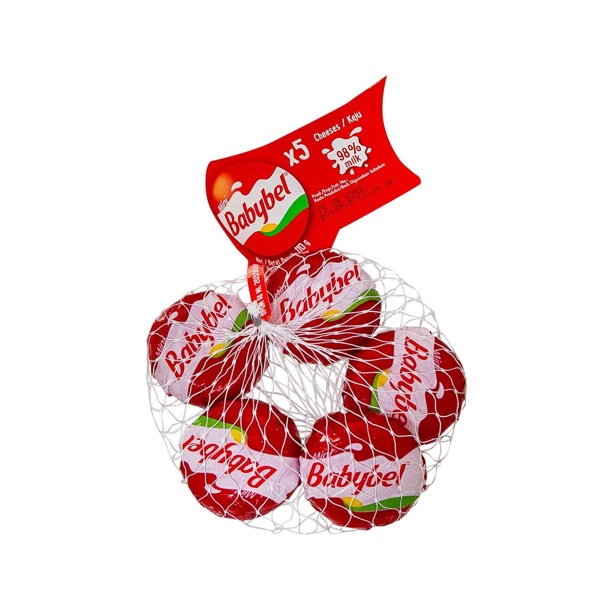 Five Mini Babybel cheese wheels in a red net bag, each in red wax