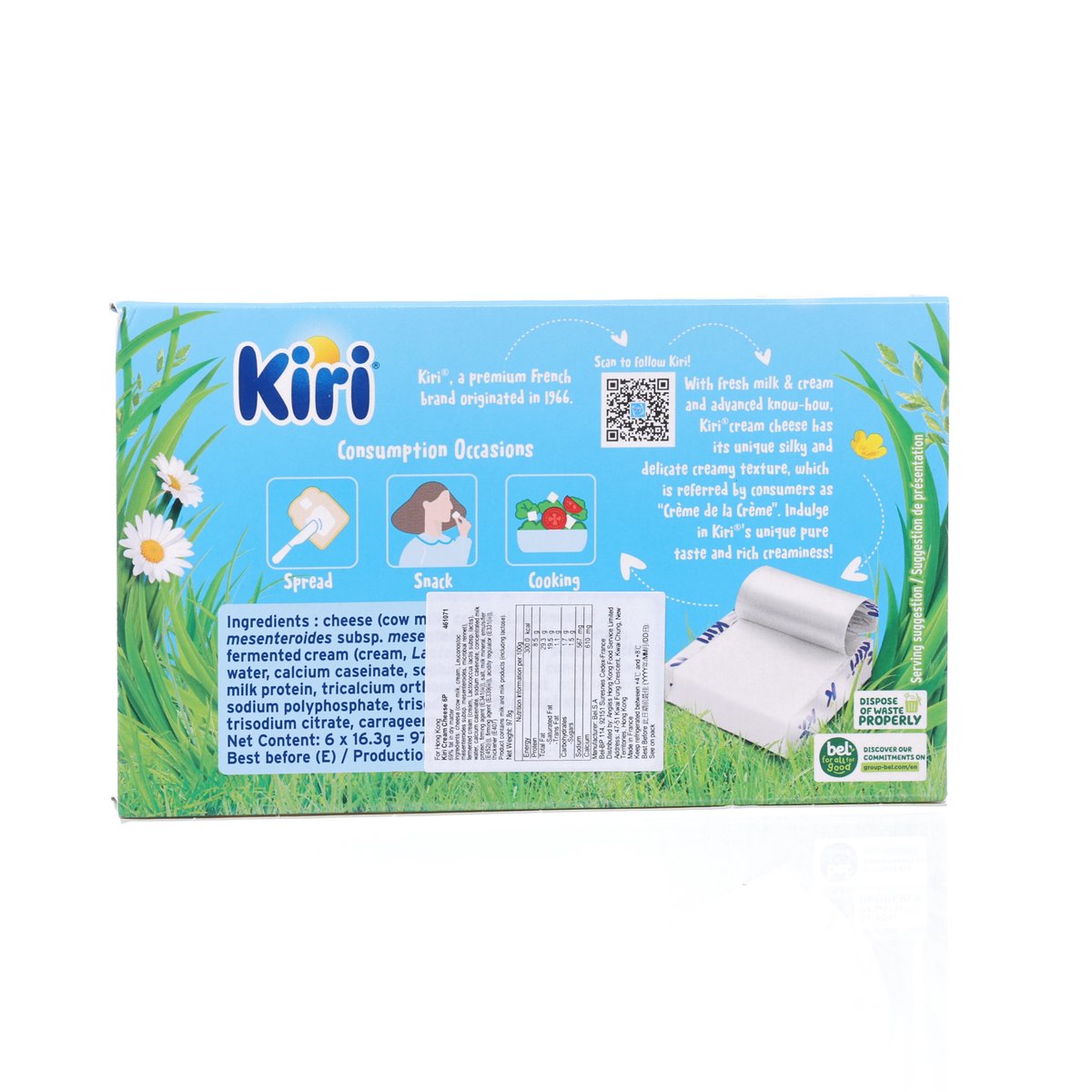 Kiri cream cheese product box back panel with ingredients and nutrition