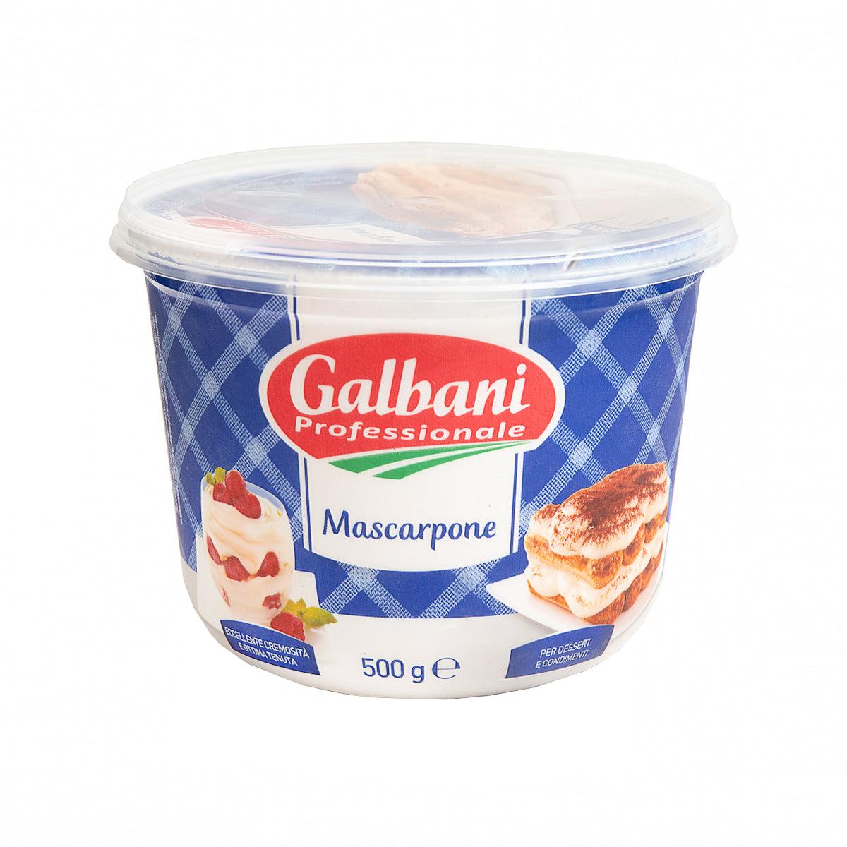 Galbani mascarpone cheese tub, 500 g, blue-and-red label with lid