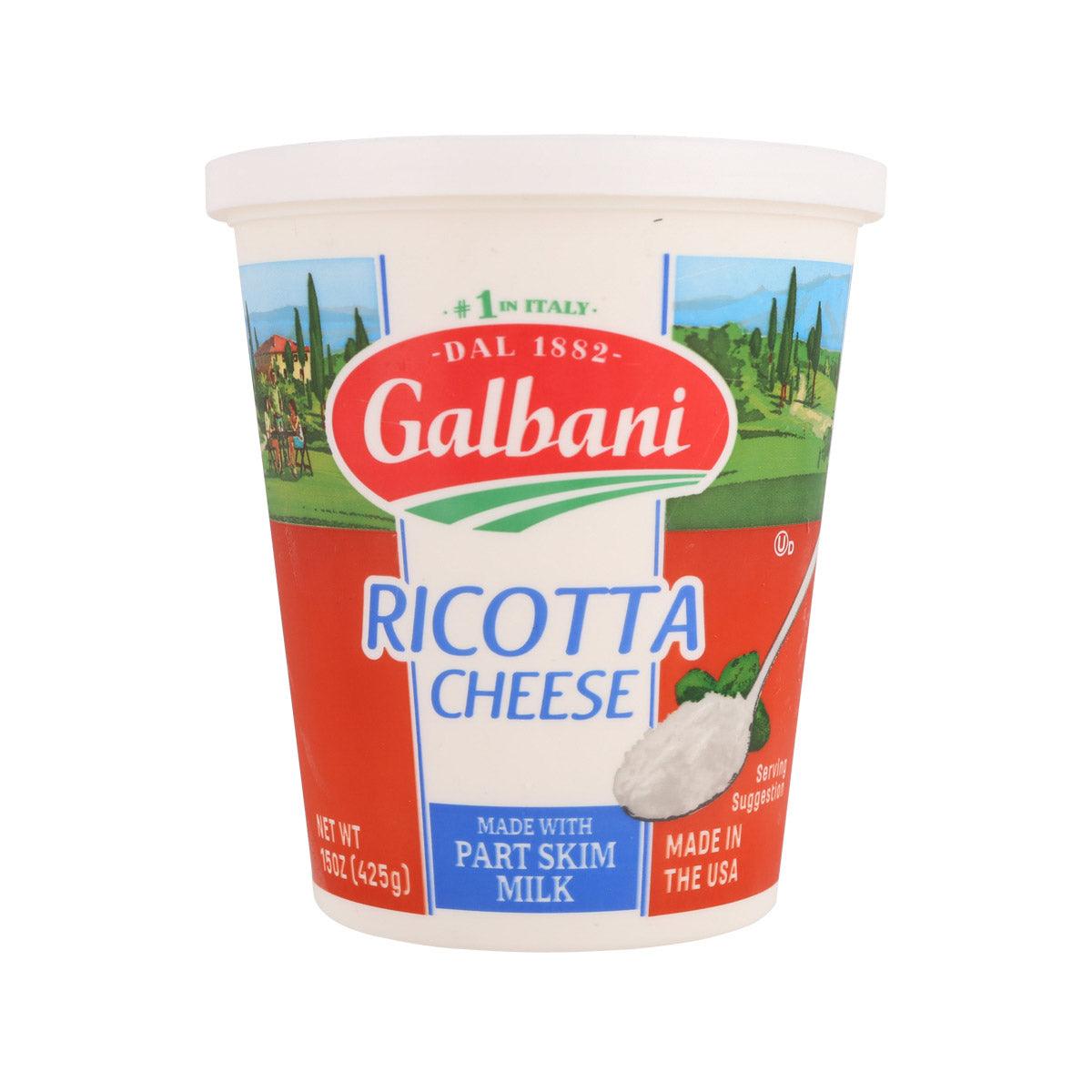 Galbani ricotta cheese tub with white lid, red-and-blue label