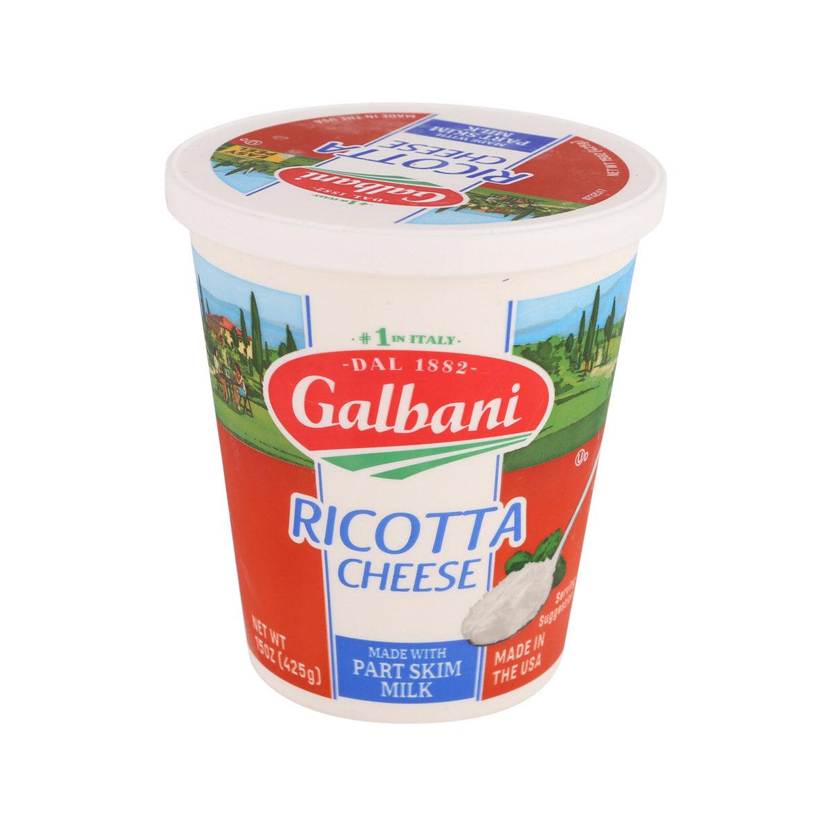 Galbani ricotta cheese tub, white lid with top label, red-and-blue sides