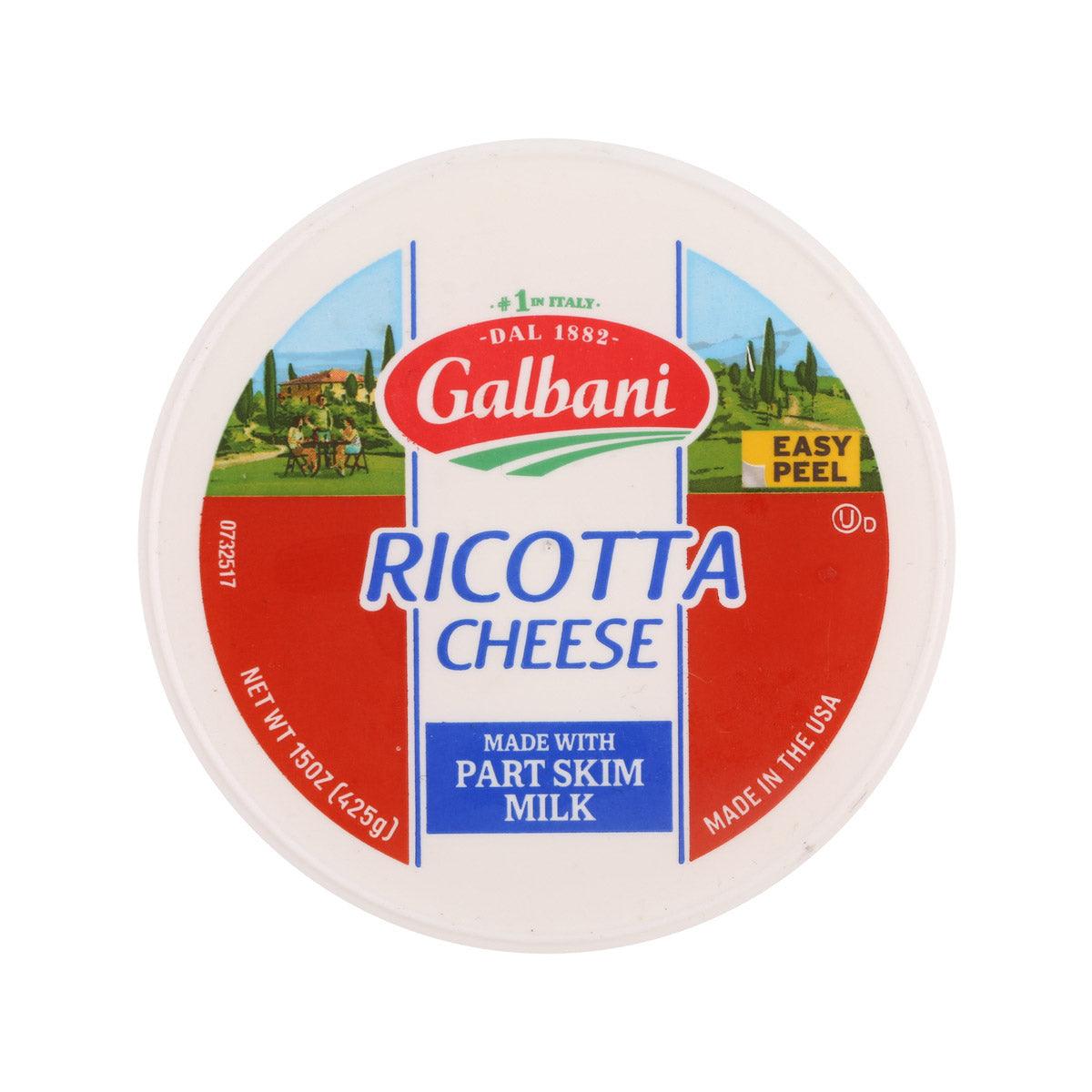 Galbani ricotta cheese tub top view, white lid with red-and-blue label