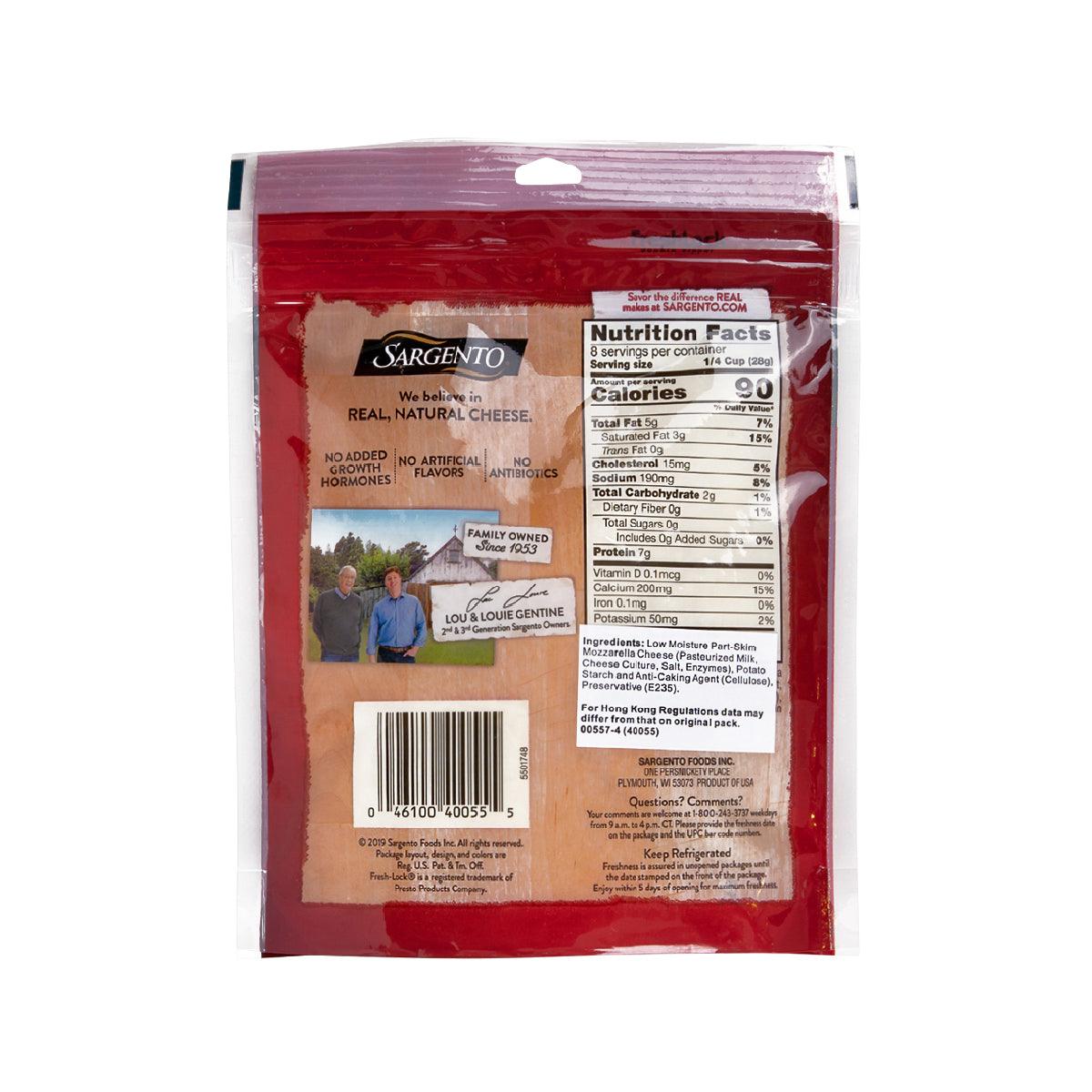 SARGENTO shredded mozzarella cheese pouch, back with nutrition facts