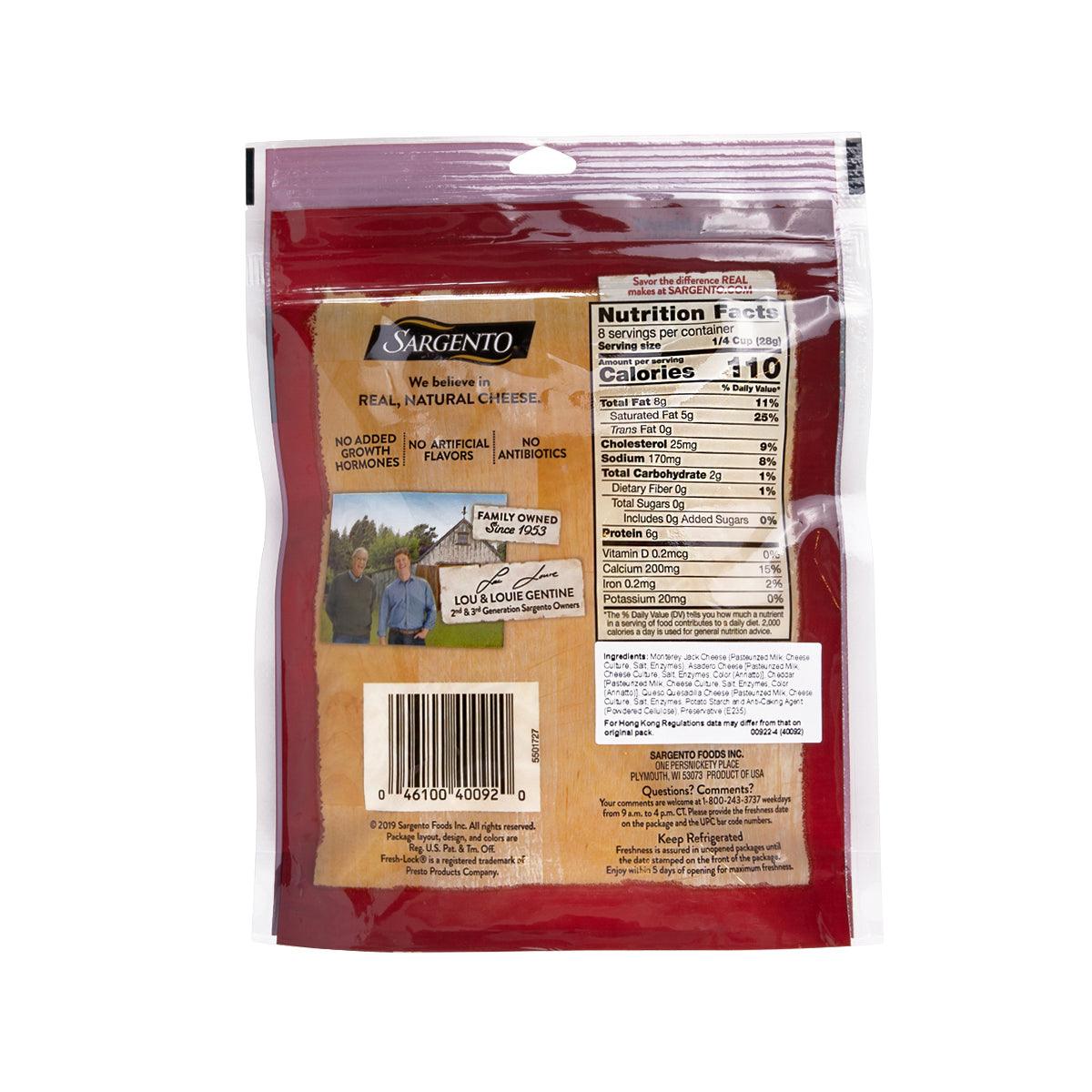 SARGENTO Mexican shredded cheese bag back with nutrition facts and ingredients